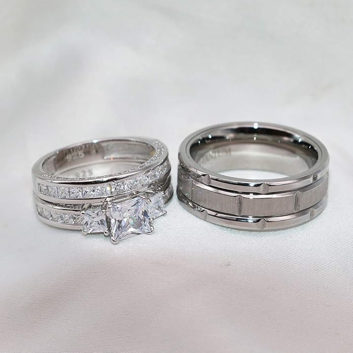 TWO RINGS Wedding Ring Sets His And Hers Promise Ring Couples Bridal Sets Women 925 Sterling Silver square Cz Man Stainless Steel Brushed Finished Wedding Bands