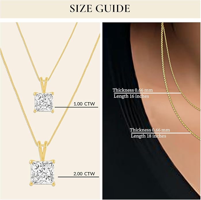 Everyday Elegance Solid 14K Gold Cubic Zirconia Solitaire Pendant Necklace for Women Heart, Princess, Round, Oval, Emerald, Pear & Cushion Cut 1 or 2 CTW | .60mm Thick 16" 18" Length Box Link Chain
