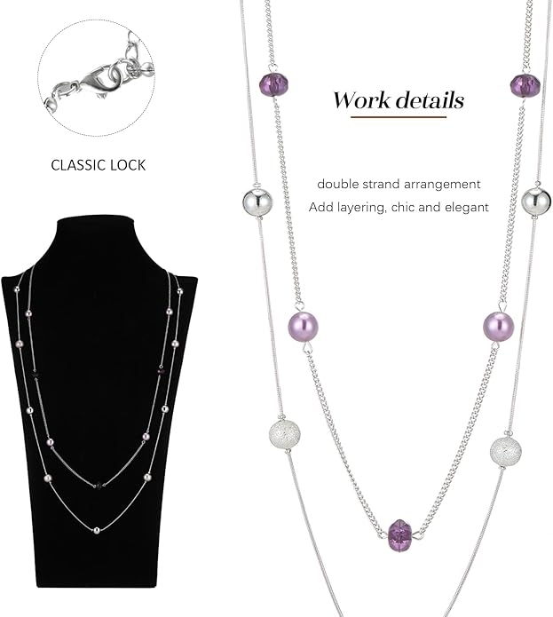 Silver Layered Long Necklace for Women Pearl Crystal Sweater Strand Chain Necklaces Fashion Gifts