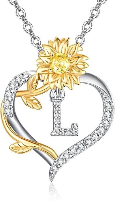 AENEAS Sunflower Initial Necklace for Women Gold Plated Sterling Silver Letter Heart Pendant Jewelry Gift for Mom Wife Birthday Anniversary Christmas