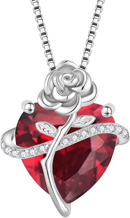 Birthstone Necklace for Women 925 Sterling Silver Love Heart Rose Flower Necklace Dainty Jewelry Gifts for Women Wife Girlfriend Mother Daughter Her