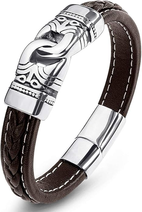 Mens Leather Bracelet,Braided Leather Wristband Cuff Bracelets Stainless Steel Clasp,Jewellery Gift for Men