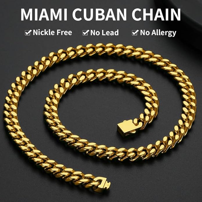 ChainsHouse Stainless Steel Mens Cuban Link Chain, Black/ 18K Gold Plated Miami Cuban Chain Necklace, 5mm/7mm/9mm/12mm/14mm Width, No Tarnish& Durable Hip Hop Mens Jewelry, 18"-30", Send Gift Box