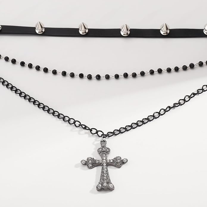 Gothic Layered Necklace for Women Men Punk Leather Spike Studded Choker Collar Necklace Vintage Crystal Cross Pendant Necklace Goth Black Crystal Choker Necklace Halloween Party Jewelry