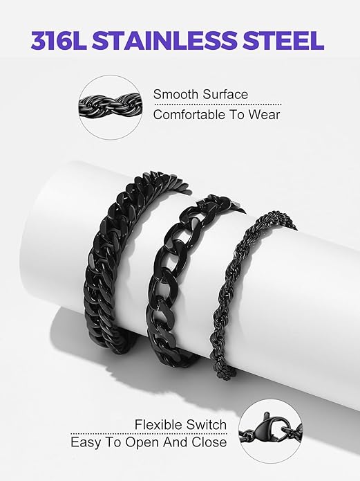 Richsteel 2PCS/3PCS Bracelets Chain for Men Women Stainless Steel Silver/Gold/Black Cuban/Rope Link Chain Bracelets Set, 7.4/8.2/9 Inch Hand Chain Length for Men Women Jewelry