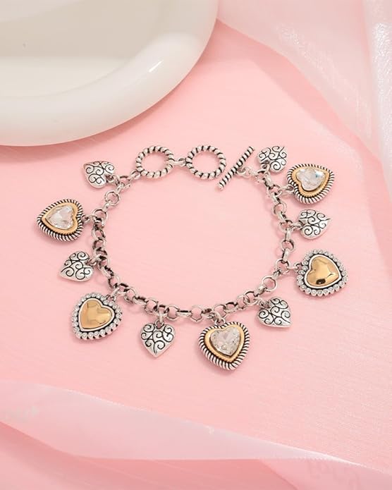 MYCUTEY Two Tone Heart Charm Bracelet for Women, Adjustable Cute Silver Chain Bracelets with Heart Charms, Trendy Love Bracelet for Daily Wear Mixed Metal Jewelry Valentines Day Gift