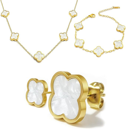 Aimétte Monette 18K Gold Plated Jewelry Set Clover Necklace Stud Earrings for Women Hypoallergenic Lucky Clover Pendant Necklace Gold Bracelets for Women Gifts