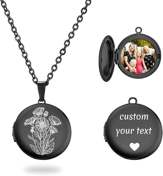 PHOCKSIN Personalized Locket Necklace for Women Photo Necklace with Customized Picture Birth Flower Birthstone New Years Gifts for Women