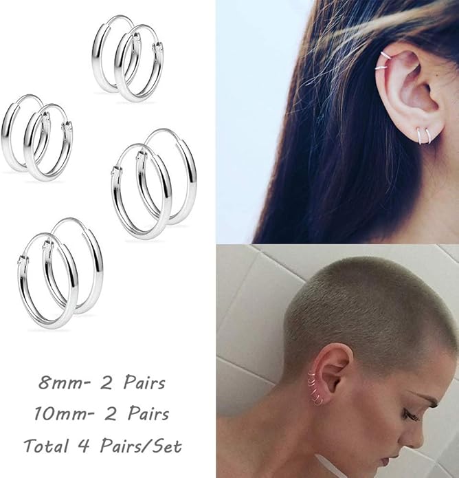 Silver Hoop Earrings- Cartilage Earring Small Hoop Earrings for Women Men,4 Pairs of Hypoallergenic 925 Sterling Silver Tragus Earrings