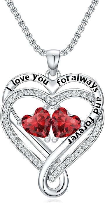 I Love You for Awlays and Forever Double Heart Necklace with Birthstone, 2 Birth Stone Jewelry Anniversary Valentines Mothers Day Christmas Birthday Gifts for Women Her Wife Girlfriend Mom Mother