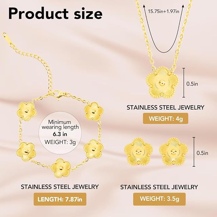 Snyxdrae Hypoallergenic Women's Four Leaf Clover Jewelry Set 14K Gold-Plated Stainless Steel Clover Necklace Bracelet Earrings Fashionable And Exquisite Daily for Women Accessory Gift