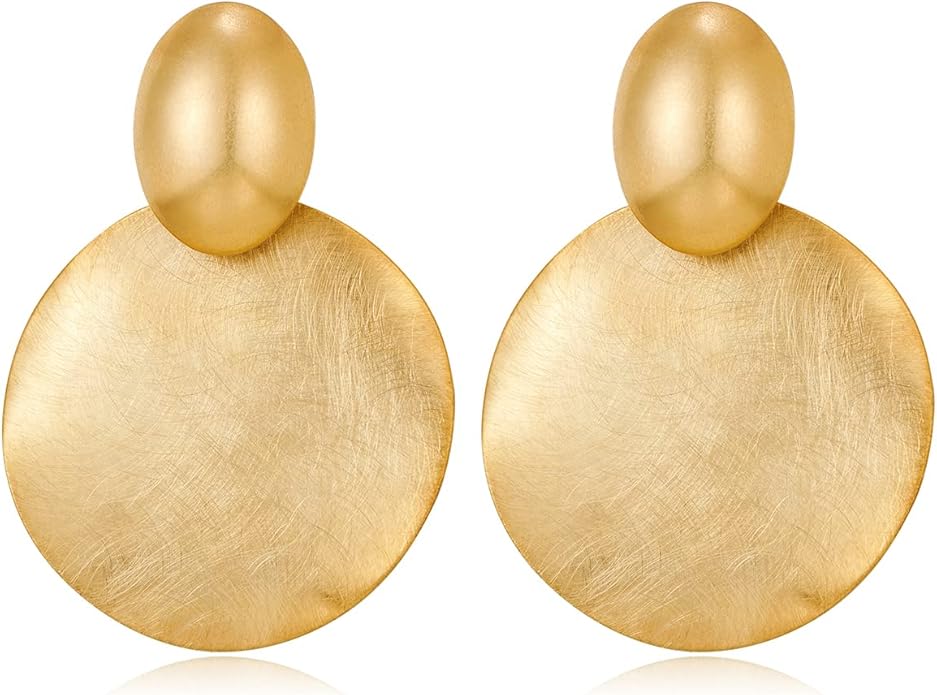 FAMARINE Big Disc Drop Earrings Gold Dangle Earrings Round Hammered Earrings Women