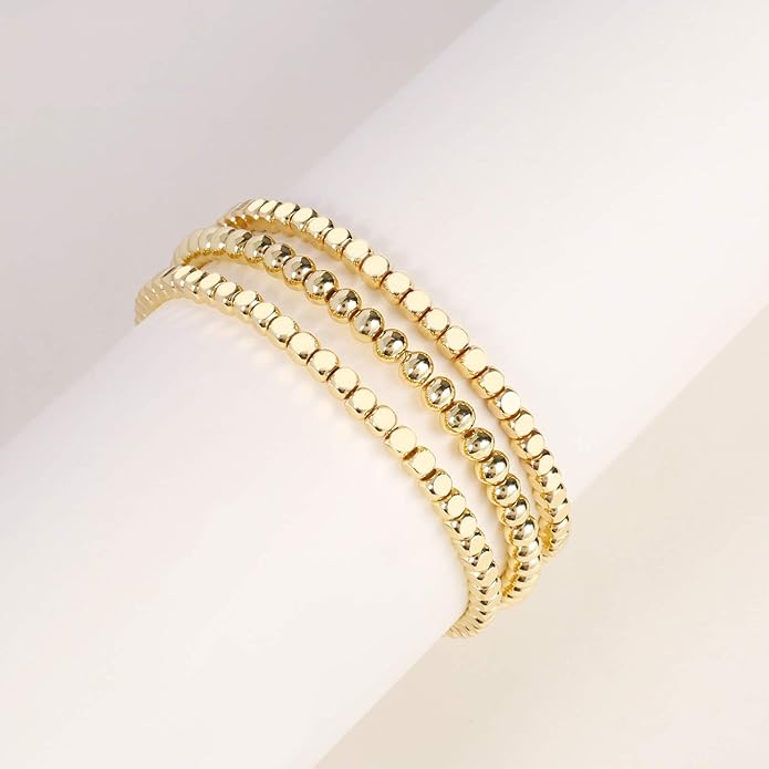 Elegance 11 designs 14K Gold Plated Bead Ball Bracelet Stretchable Elastic Gold Beaded Bracelets for Women