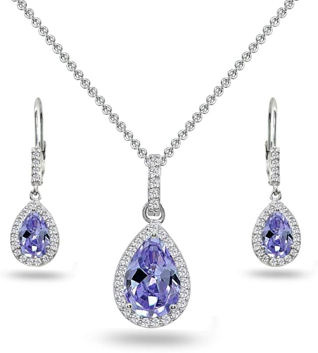 Jewelry Sets for Women, Necklace and Earring Sets for Women, Birthstone Jewelry, Genuine or Synthetic Gemstones, Teardrop Necklace and Dangle Earrings, Pendant Necklace, Sterling Silver Jewelry
