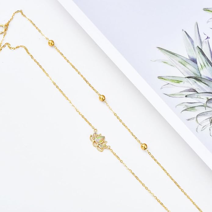 Solid 14K Gold Lotus Anklet for Women,14kt Real Gold Layered Beaded Opal Lotus Ankle Foot Beach Jewelry Gifts for Mother Wife Mom Sisters Birthday Anniversary,8+1+1 inch