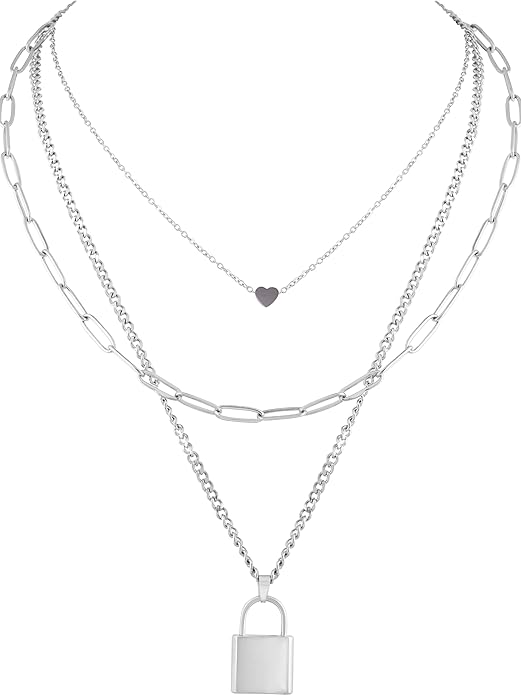 Sacina Gothic Silver-Tone, Black Layered Heart Lock Necklace, Emo Grunge Punk Necklace, Goth Jewelry, Halloween Christmas Jewelry Gift For Women