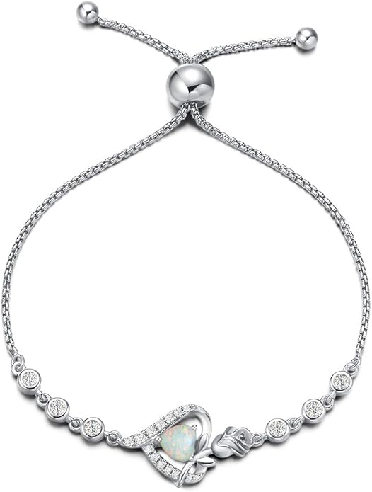 AGVANA Rosy Reverie Birthstone Bracelet for Women Sterling Silver Genuine or Created Gemstone Tennis Bracelet Rose Heart Jewelry Anniversary Birthday Gifts for Women Mom Wife Her