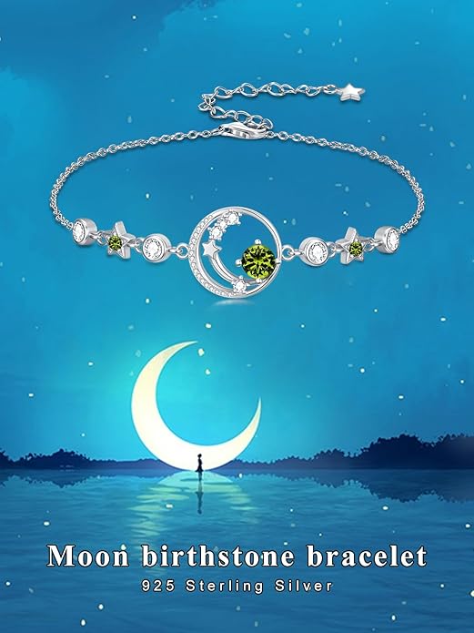 Moon and Star Birthstone Charm Link Bracelet 925 Sterling Silver Moon and Star Bracelet with 12 Months Birthstone Birthday Jewelry Gifts for Women Mom Her,Chain Length 7"+2" Extend