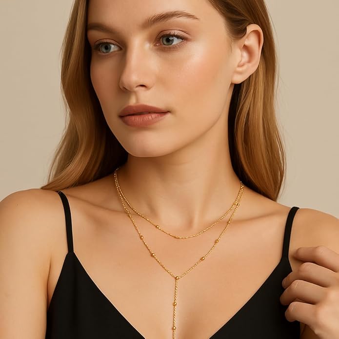 14K Gold Plated Y Necklace for Women – Dainty Lariat Long Pendant Chain, Layered Drop Necklace for V Neck Dress, Simple Sexy Cleavage Jewelry Gifts for Women