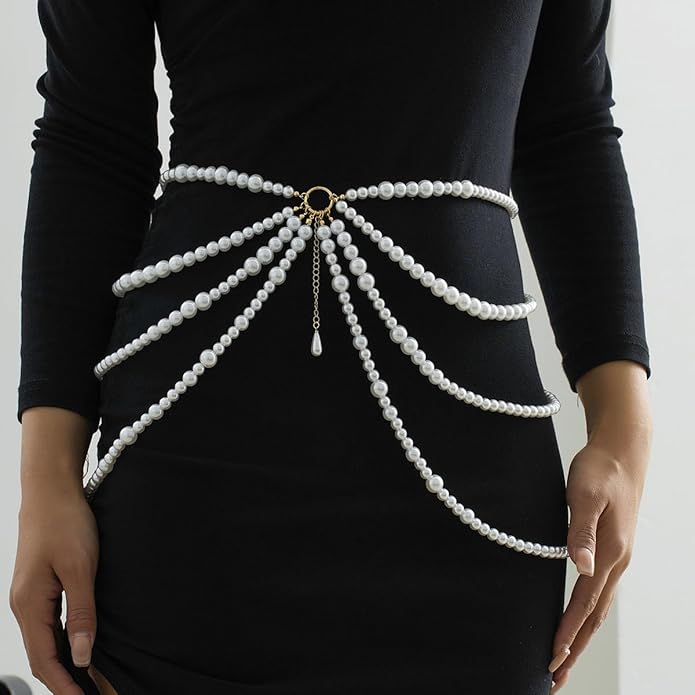 Multilayer Imitation Pearl Waist Chain for Women Trendy Waistband White Pearl Body Chain Long Tassel Pendant Waist Chain Wedding Bridal Dress Belt Fashion Trend Metal Chain Body Chain Jewelry