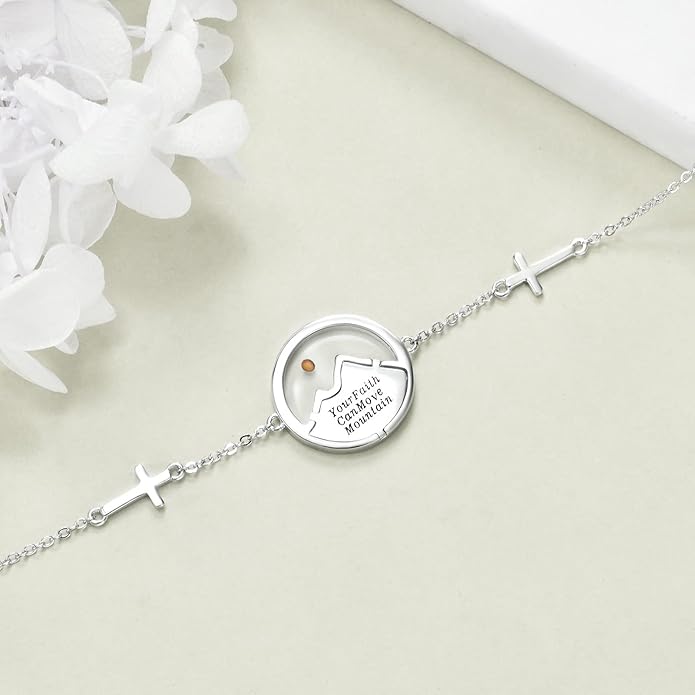 AOBOCO Mustard Seed Bracelet S925 Sterling Silver Mountain Cross Bracelets Christmas Christian Faith Jewelry Mothers Day Birthday Gifts for Mom