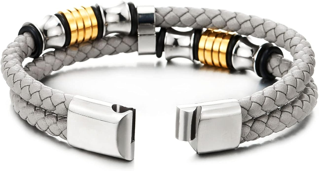 COOLSTEELANDBEYOND Mens Double-Row Braided Leather Bracelet Bangle Wristband with Stainless Steel Ornaments