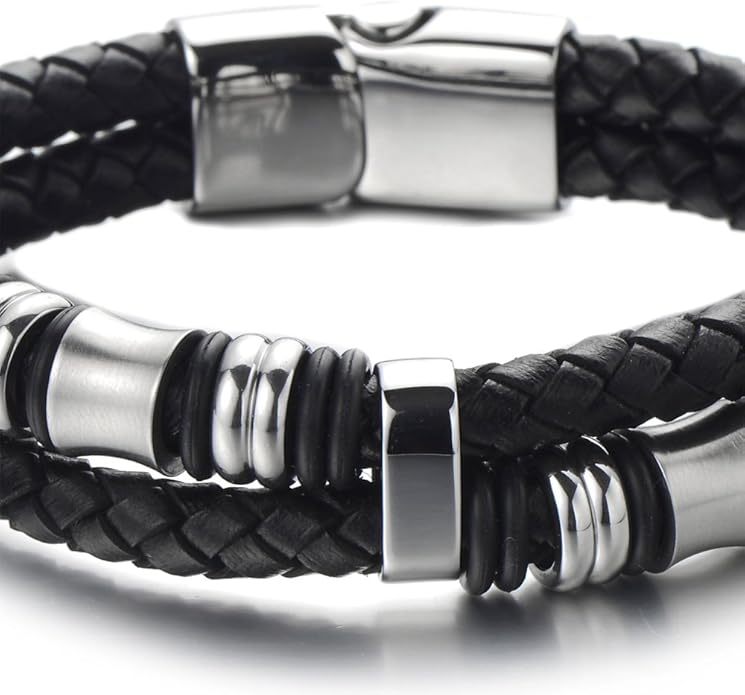 COOLSTEELANDBEYOND Mens Double-Row Braided Leather Bracelet Bangle Wristband with Stainless Steel Ornaments