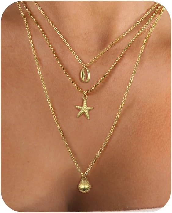 Shell Necklace for Women,14k Gold Plated Layered Starfish Conch SeaShell Pearl Pendant Charm Necklace,Non Tarnish Adjustable Stainless Steel Chain Stack Jewerly for Summer Beach Vacation