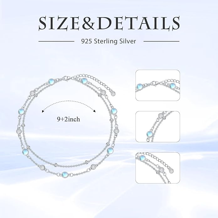 Anklets for Women 925 Sterling Silver Natural Stone Layered Anklet Beach Summer Fine Jewelry Birthday Christmas Gifts for Women Her Mom