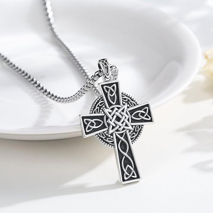 Midir&Etain Celtic Cross Necklace 925 Sterling Silver Cross Pendant Necklace Celtic Viking Irish Jewelry Religious Protective Gift for Men Women