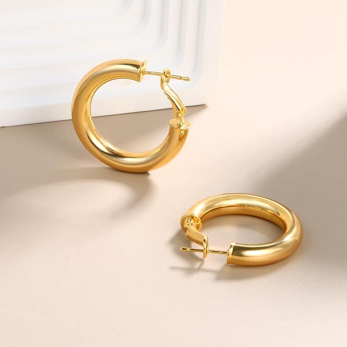 8YEARS Chunky Gold Hoop Earring for Women, 18K Gold Plated Lightweight Thick Hoops, Hypoallergenic Trendy Jewelry for Gift