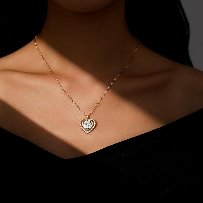 Heart Pendant Gold Necklace for Women Moissanite Lab-Created Gem I Love You Wedding Anniversary Birthday Christmas Valentine Engagements Mothers Day Jewelry for Wife Her Girlfriend Mom Daughter