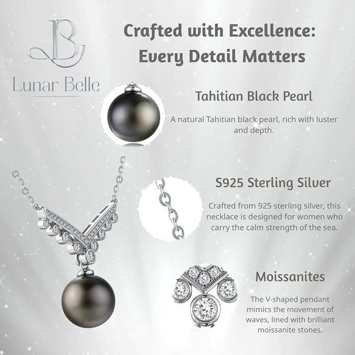 Lunar Belle Black Jewelry for Women Tahitian Pearl Pendant Necklace with Moissanite Sterling Silver, Romantic Gift for Wife Girlfriend Valentine Anniversary (Tide's Kiss)
