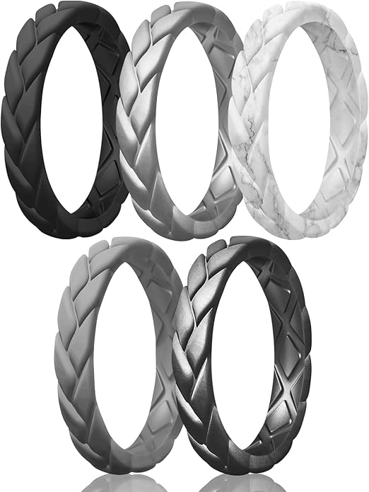 Egnaro Women's Silicone Stackable Rings 3.5mm Wide 2mm Thick, Rubber Flexible Hypoallergenic Wedding Bands For Workout Leaf Braided Fashion