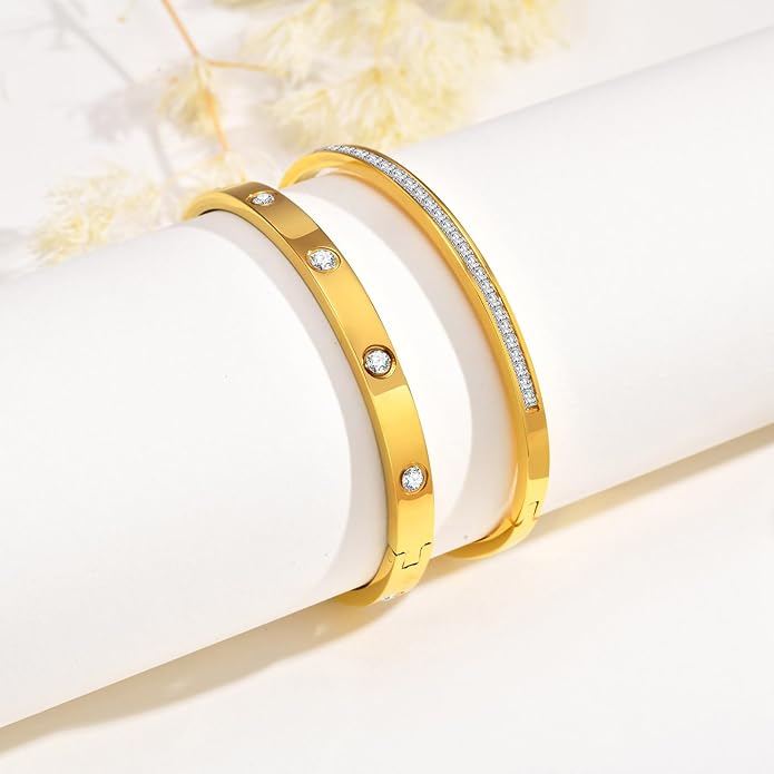 MPRAINBOW Gold Bracelets for Women, 2Pcs 18K Gold Plated Cubic Zirconia Bangle Crystal Friendship Bracelet Jewelry,Wedding Party Christmas Birthday Gifts for Her Girlfriend Sister Daughter