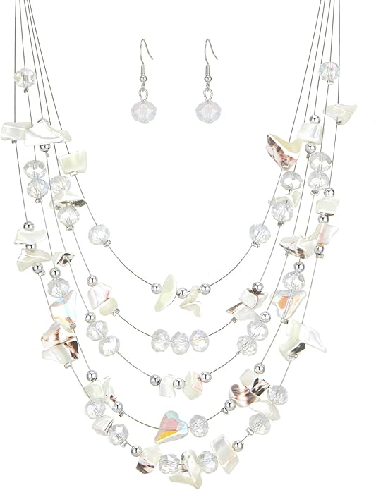 Multi-Layer Boho Shell Beaded Necklace for Women Colorful Crystal Strand with Silver Beads Statement Collars Necklace and Earrings Costumes Jewelry Sets for Women
