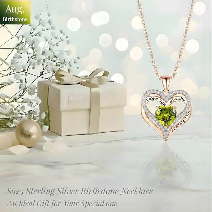 Birthstone Heart Necklace for Women Wife Girlfriend Mom Daughter Gifts S925 Silver Jewelry For Anniversary Rose Gold Gifts For Birthday Christmas Mothers Valentines Day