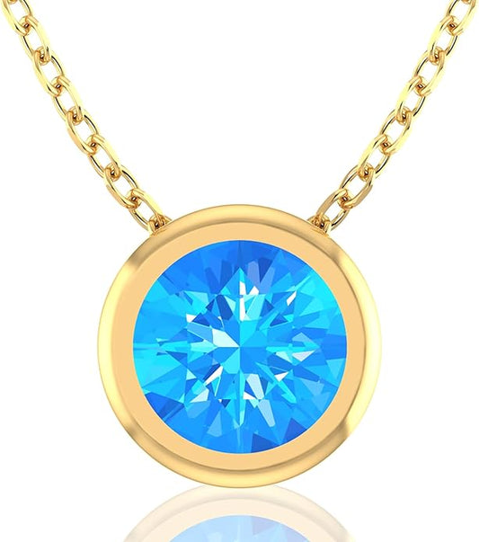 14K Gold Necklace for Women - 7mm Round Natural Gemstone Pendant with 18" Gold Chain - Trendy Birthstone Statement Fine Jewelry - Yellow Gold, Elegant Women's Accessories