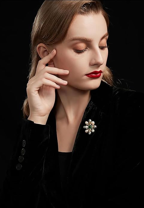 14K Gold Handcrafted Emerald Brooch with Moissanite and Freshwater Pearls - Vintage Style Floral Corsage, Fashion Coat Accessory Gift