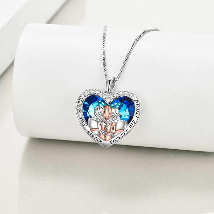 POPKIMI 925 Sterling Silver Sister Necklace - Birthday Gift for Sisters, Mom, Daughter - Always My Sister Forever My Friend Crystal Necklace for 2/3/4/5 Sisters