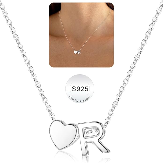 Turandoss Christmas Gifts for Grandkids, Dainty S925 Sterling Silver Heart Initial A-Z Necklace Trendy Silver Initial Jewelry Birthday Gifts for Girls Teen Girls