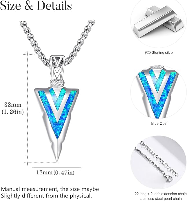 PCTJYFU Arrowhead Necklace 925 Sterling Silver for Women Men Pendant with Blue Opal/Abalone Shell/Turquoise Black Gold Plating Protective Symbol Jewelry Adjustable Chain Gift for Him Her