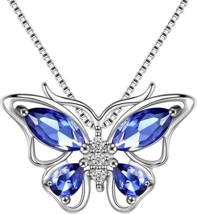 Aurora Tears Butterfly Birthstone Pendant Necklace - Women 925 Sterling Silver Butterflies Birthstone Pendant Necklace Jewelry Birthday Gift for Women