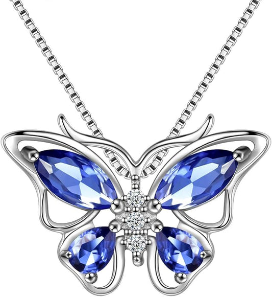 Aurora Tears Butterfly Birthstone Pendant Necklace - Women 925 Sterling Silver Butterflies Birthstone Pendant Necklace Jewelry Birthday Gift for Women