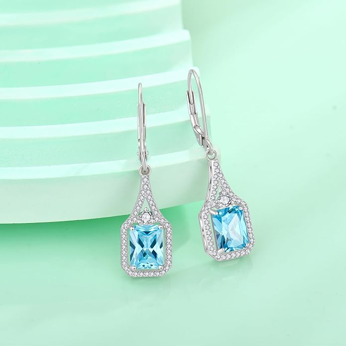 Emerald Cut Dangle Drop Earrings 925 Sterling Silver Halo Rectangular Leverback Earrings Birthstone Jewelry for Women