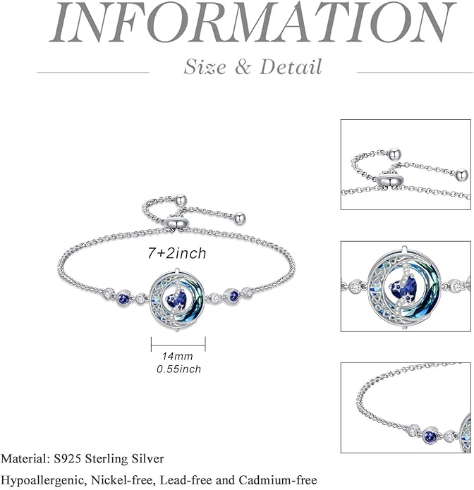 TOUPOP Birthstone Bracelet Moon and Star Bracelet 925 Sterling Silver Blue Crystal Jewelry Birthday Christmas Gifts for Women
