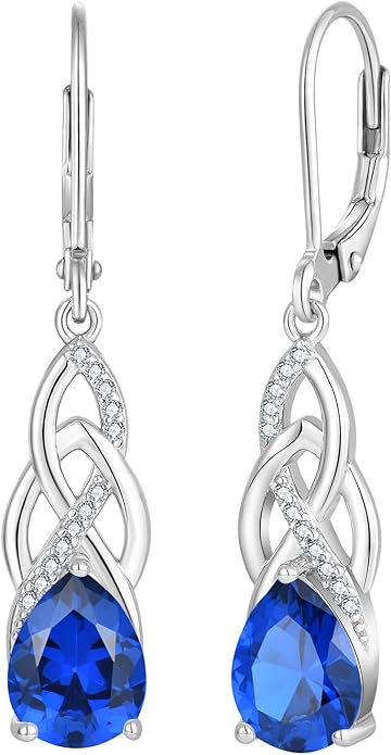 JO WISDOM Celtic Knot Infinity Jewelry Set for Women 925 Sterling Silver Sapphire Dangle Drop Leverback Earrings September Birthstone Necklace Pendant Gemstone Jewelry
