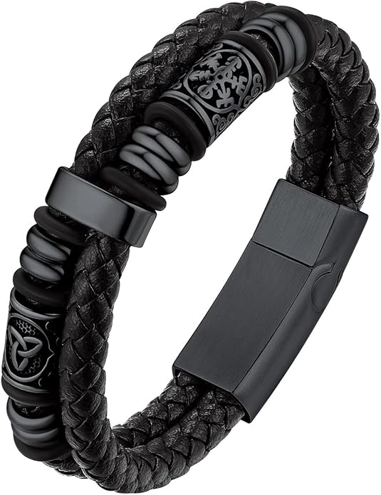 Bestyle Genuine Men Leather Bracelets Fashion Stainless Steel Celtic/Sport Ball Bead Cuff Wirstband Bracelets for Men, Size 7.5/8.3/9.1Inch