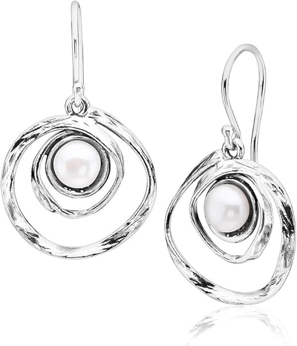 Jean Rachel Jewelry 925 Sterling Silver Dangle Earrings for Women with Freshwater Pearl - Free Form Vintage Design - Hypoallergenic, Lead & Nickel Free - Artisan Handcrafted Statement Earrings