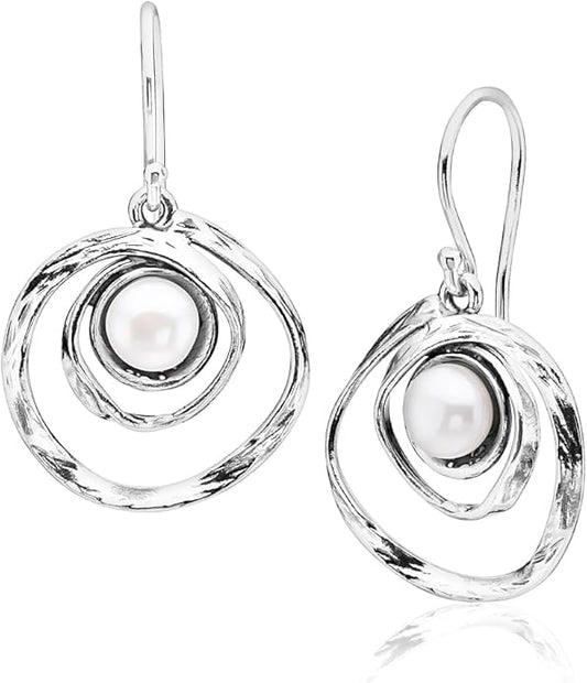 Jean Rachel Jewelry 925 Sterling Silver Dangle Earrings for Women with Freshwater Pearl - Free Form Vintage Design - Hypoallergenic, Lead & Nickel Free - Artisan Handcrafted Statement Earrings